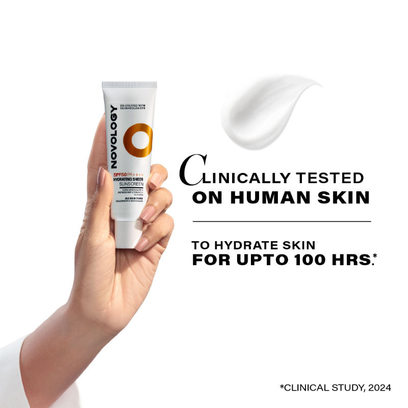 Novology SPF 50 PA++++ Hydrating Sheer Sunscreen With Niacinamide For Dry Skin, Non Sticky