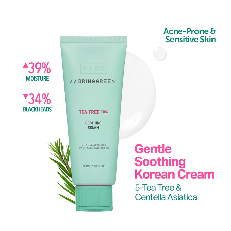 BRING GREEN Tea Tree Cica Soothing Cream Plus, Hydrating Korean Centella Moisturizer