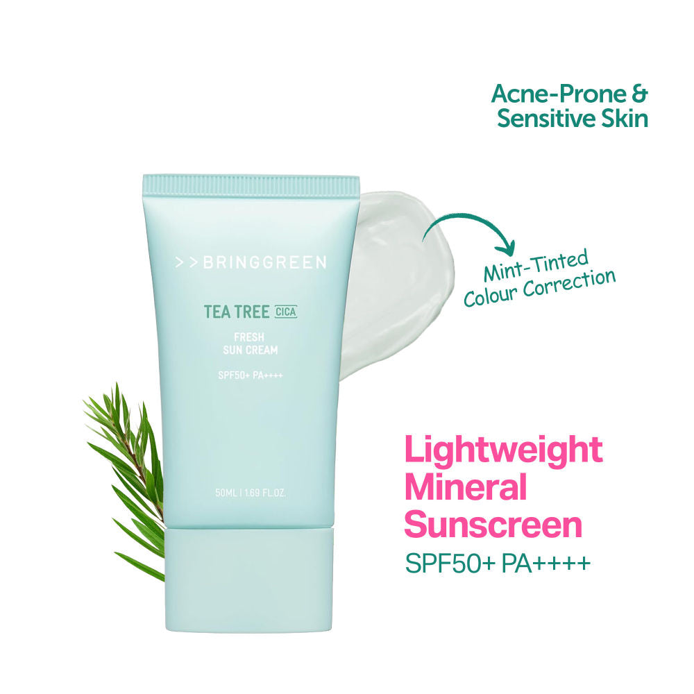 BRING GREEN Tea Tree Cica Fresh Sun Cream SPF 50+ PA++++ Korean Tinted Mineral Sunscreen