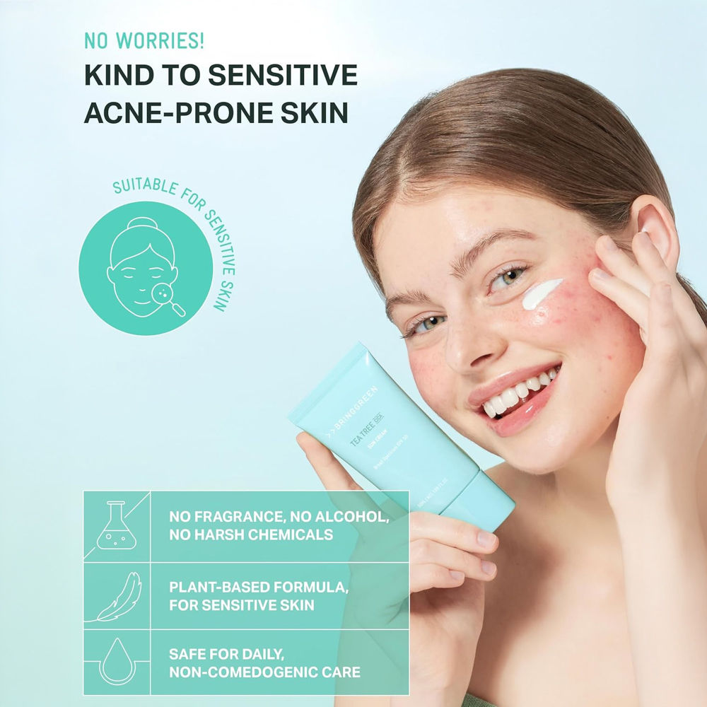 BRING GREEN Tea Tree Cica Fresh Sun Cream SPF 50+ PA++++ Korean Tinted Mineral Sunscreen
