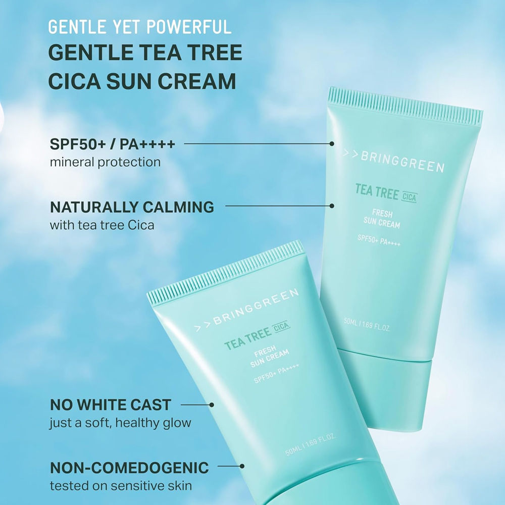 BRING GREEN Tea Tree Cica Fresh Sun Cream SPF 50+ PA++++ Korean Tinted Mineral Sunscreen