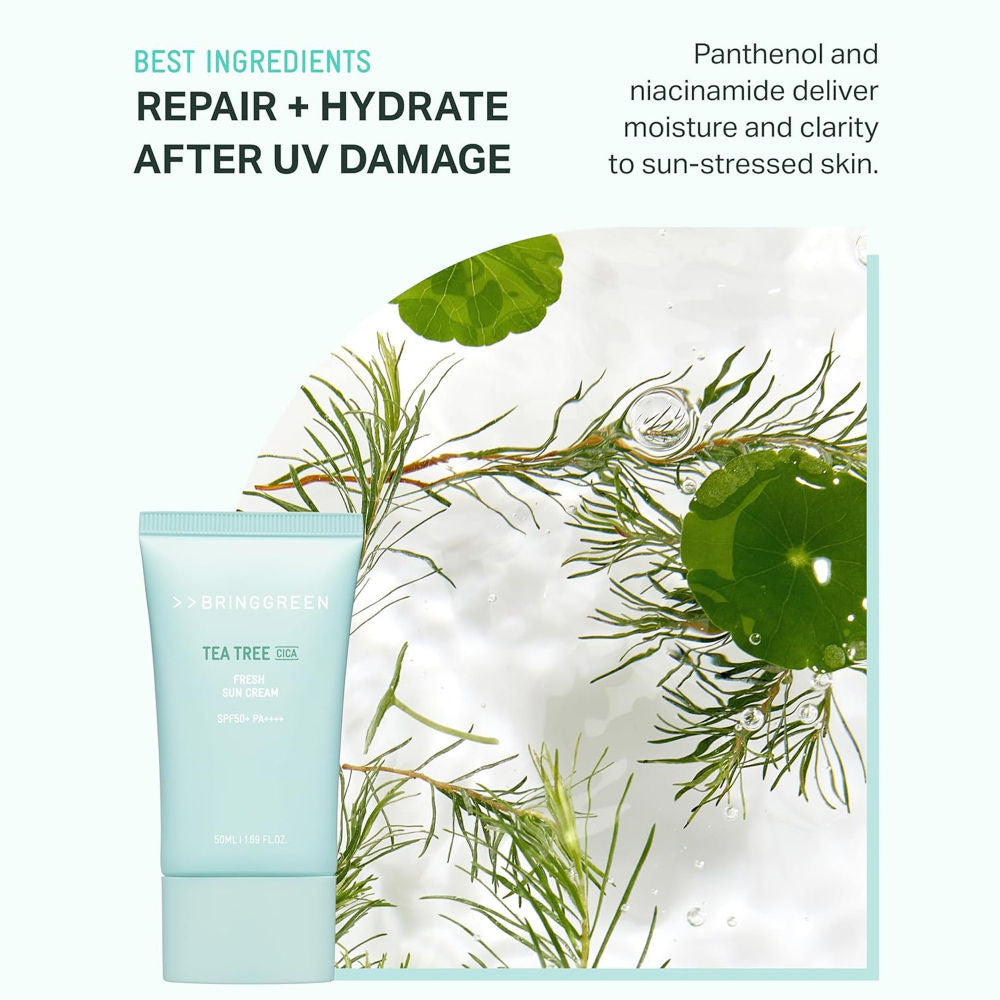 BRING GREEN Tea Tree Cica Fresh Sun Cream SPF 50+ PA++++ Korean Tinted Mineral Sunscreen