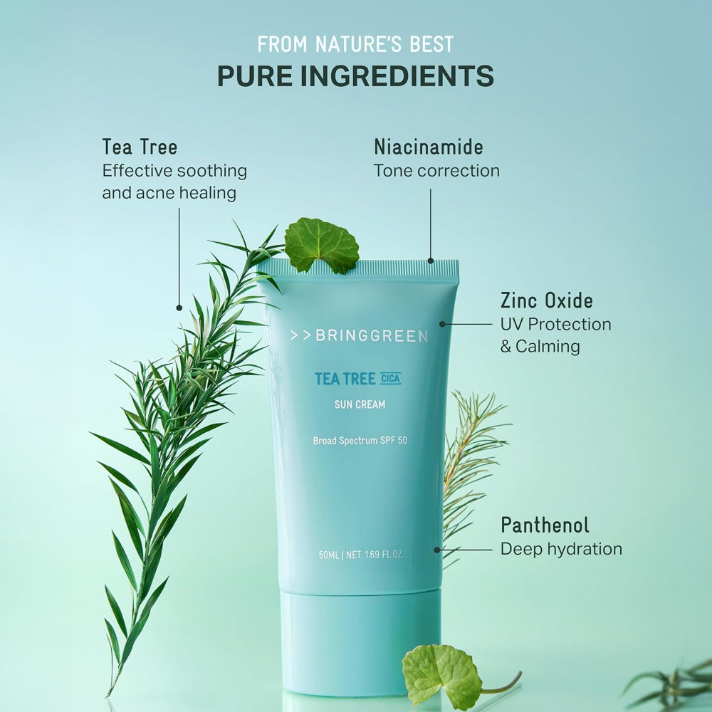 BRING GREEN Tea Tree Cica Fresh Sun Cream SPF 50+ PA++++ Korean Tinted Mineral Sunscreen