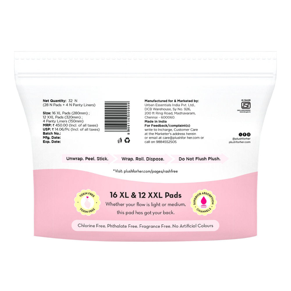 Plush Sanitary Pads 100% Cotton Rash-Free | 16XL + 12XXL+ 4 Free Liners