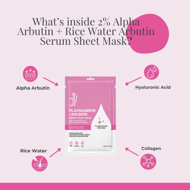 BAKE 2% Alpha Arbutin Sheet Mask with Rice Water for Bright and Even Skin Tone