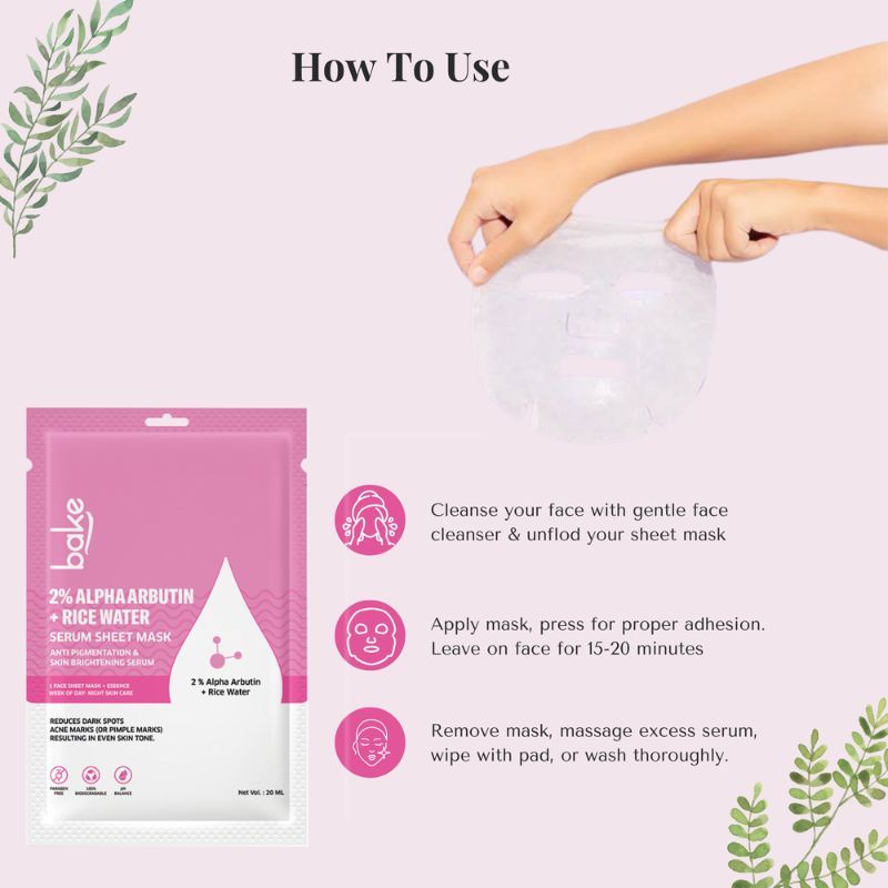 BAKE 2% Alpha Arbutin Sheet Mask with Rice Water for Bright and Even Skin Tone