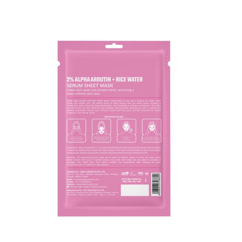 BAKE 2% Alpha Arbutin Sheet Mask with Rice Water for Bright and Even Skin Tone
