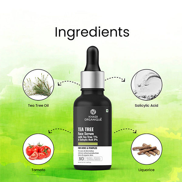 Khadi Organique Tea Tree Face Serum With Tea Tree 1% + Salicylic Acid 2% For Acne & Blemishes