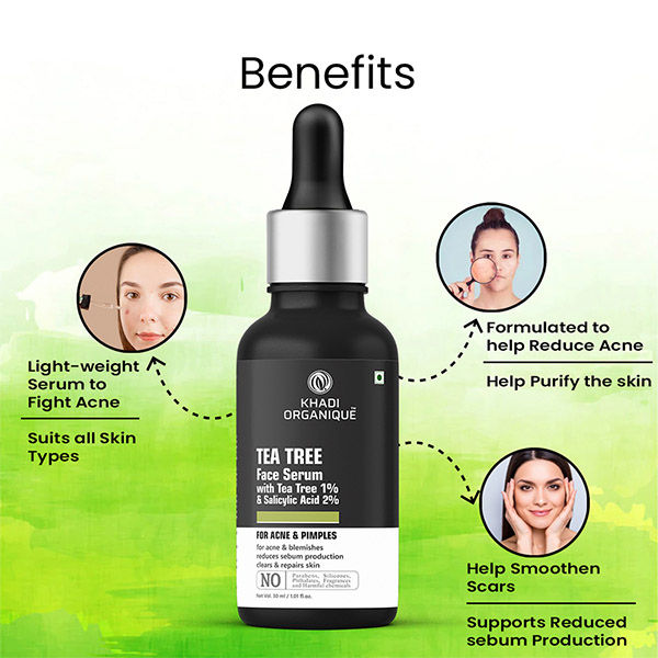 Khadi Organique Tea Tree Face Serum With Tea Tree 1% + Salicylic Acid 2% For Acne & Blemishes