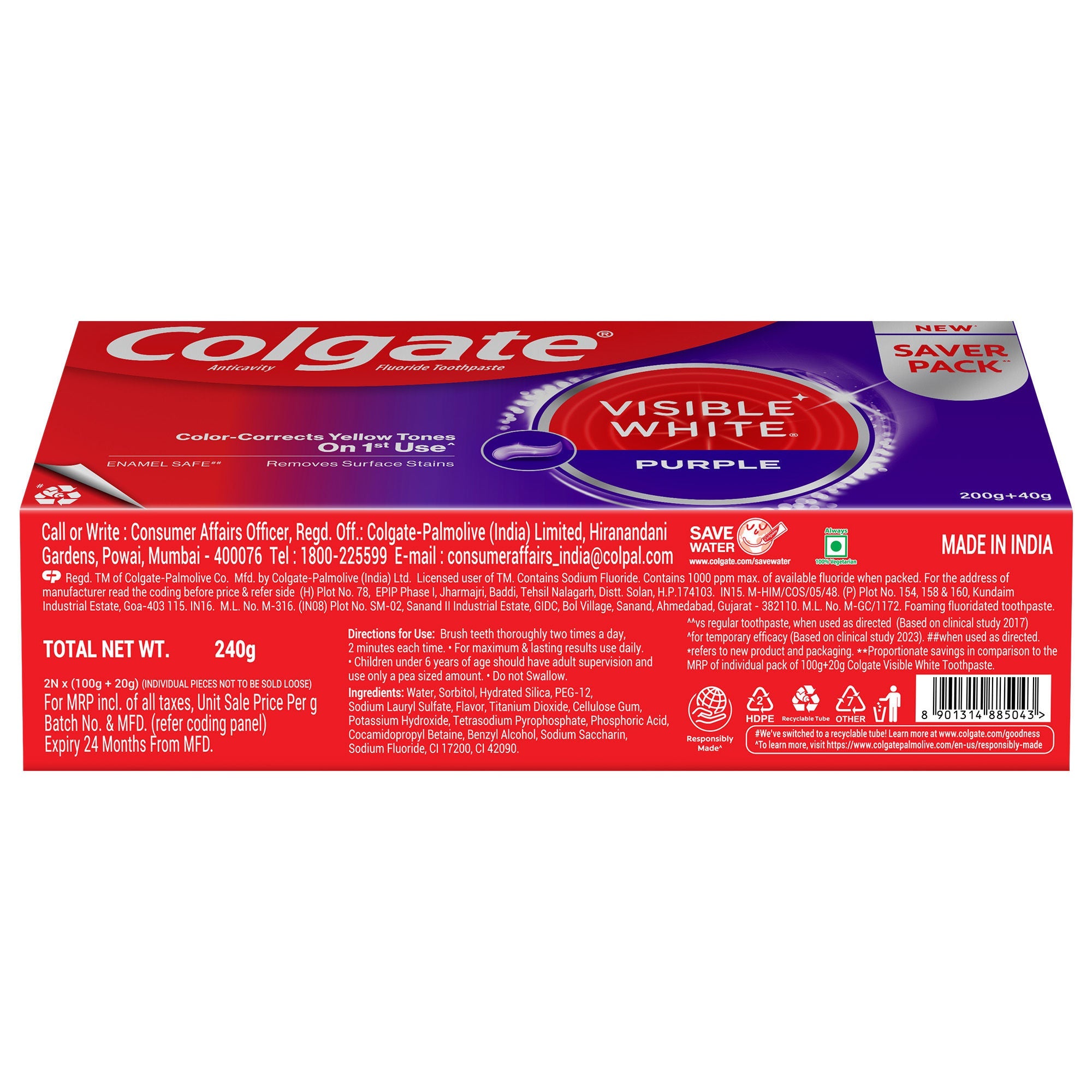 Colgate Visible White Purple Toothpaste for Color-Corrects Yellow Tones Saver Pack