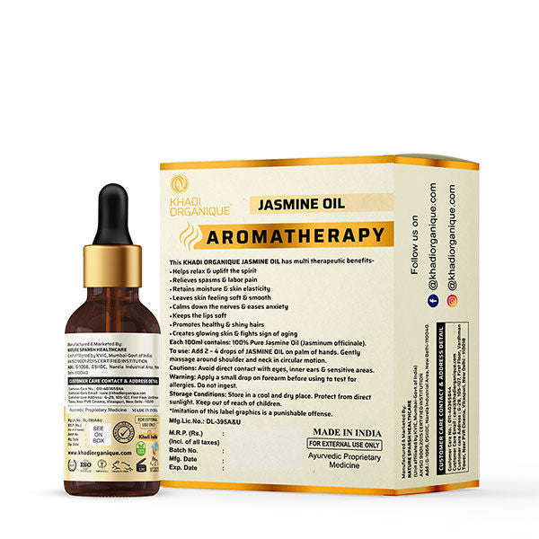 Khadi Organique Jasmine Essential Oil, 100% Pure Natural Oil for Relaxation & Aromatherapy