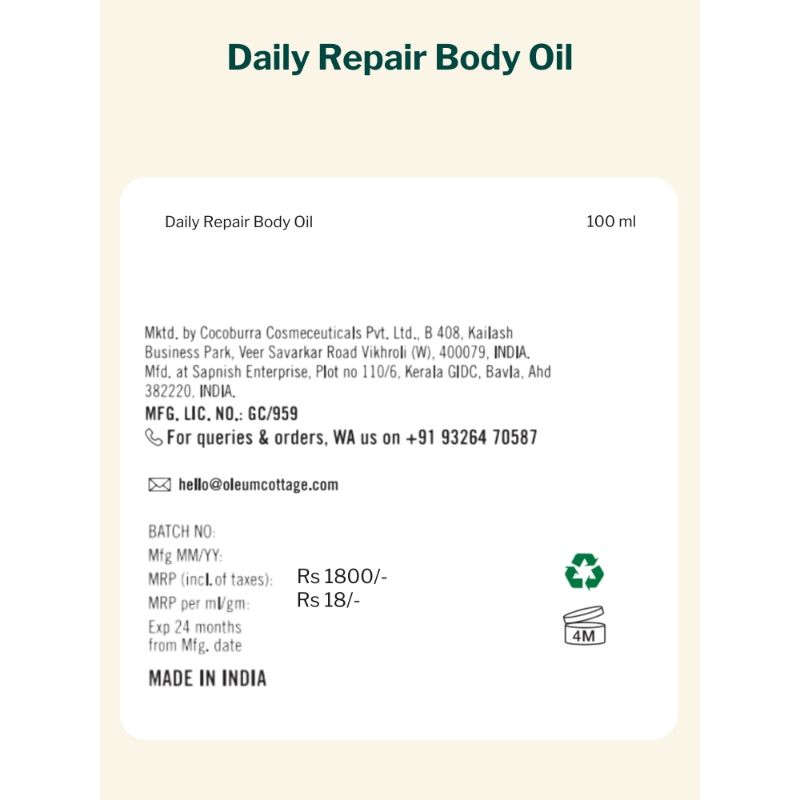 Oleum Cottage Skin Softening Body Oil for Dry, Eczema and Psoriasis Prone Skin, Scars and Marks