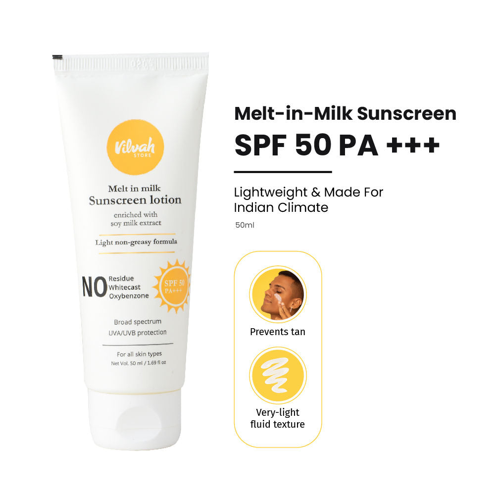 VILVAH Melt-in-milk Sunscreen Acne Safe & Waterproof with SPF 50 PA+++ & No White Cast