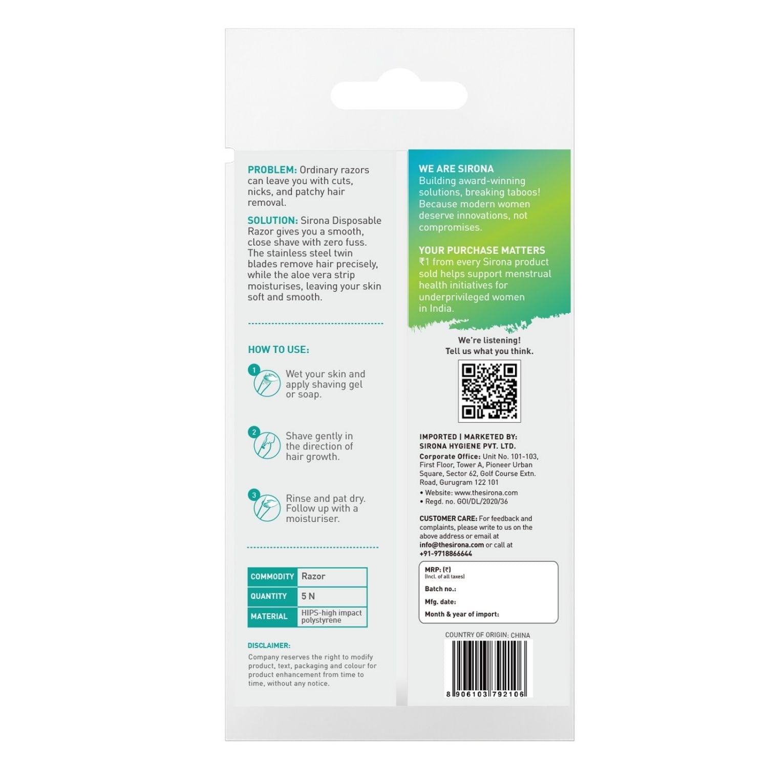 Sirona Disposable Shaving Razors for Women, Aloe Vera Lubrication for Smooth Instant Hair Removal