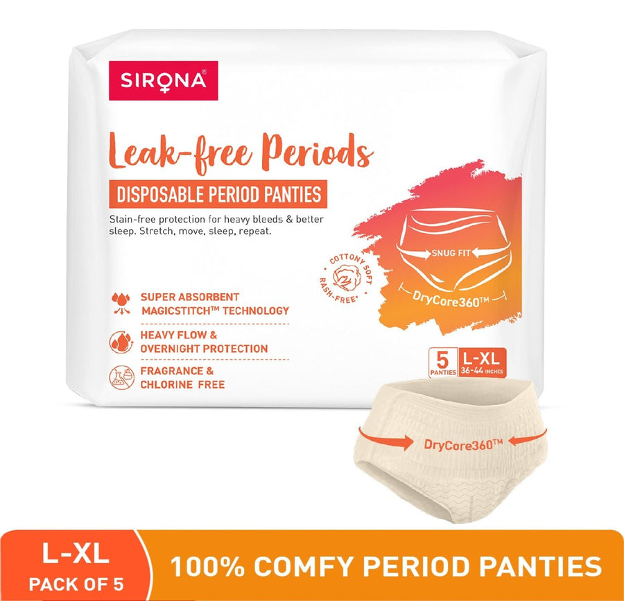 Sirona Disposable Period Panties, L-XL (36-44 inch) 360° Coverage, Leakage Protection for Heavy Flow