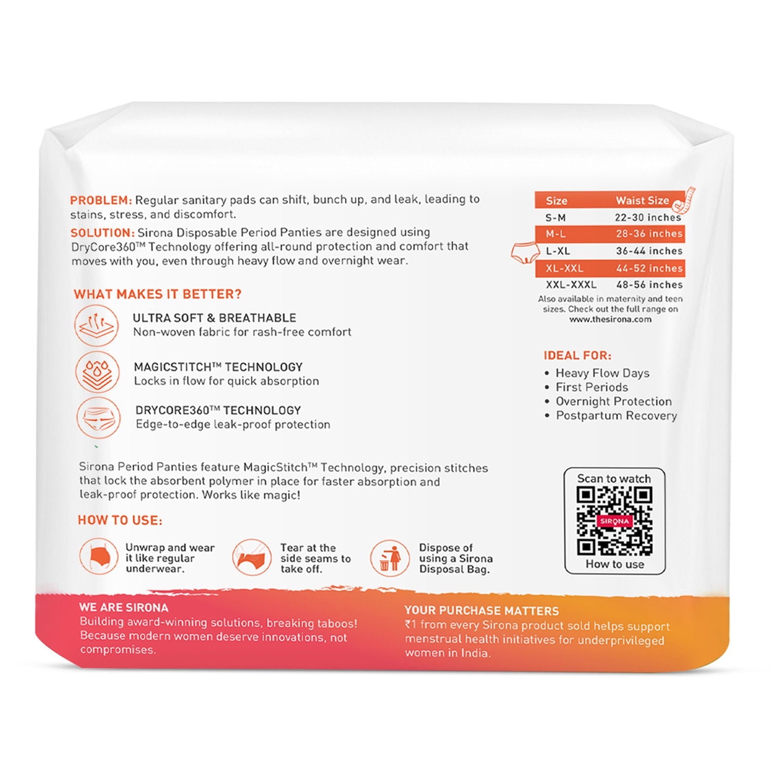 Sirona Disposable Period Panties, L-XL (36-44 inch) 360° Coverage, Leakage Protection for Heavy Flow