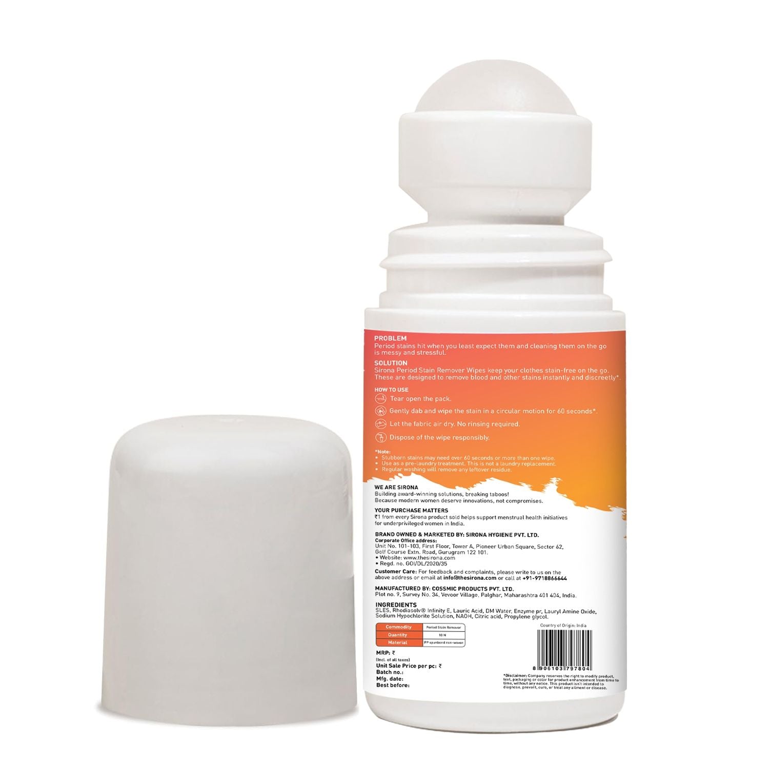 Sirona 5% AHA, 3% BHA Underarm Roll-On, Treats Pigmentation & Odour - Hyaluronic Acid & Niacinamide