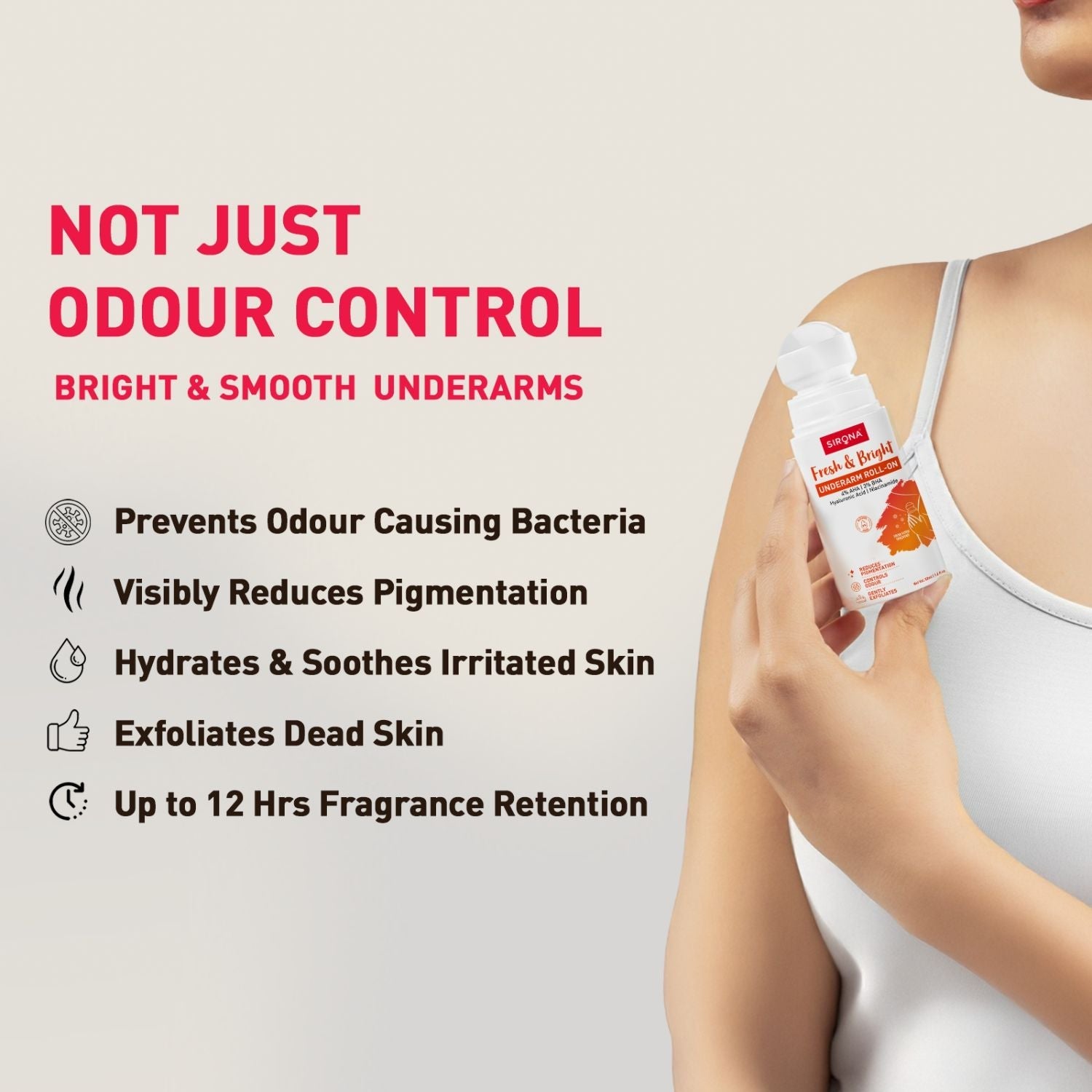 Sirona 5% AHA, 3% BHA Underarm Roll-On, Treats Pigmentation & Odour - Hyaluronic Acid & Niacinamide