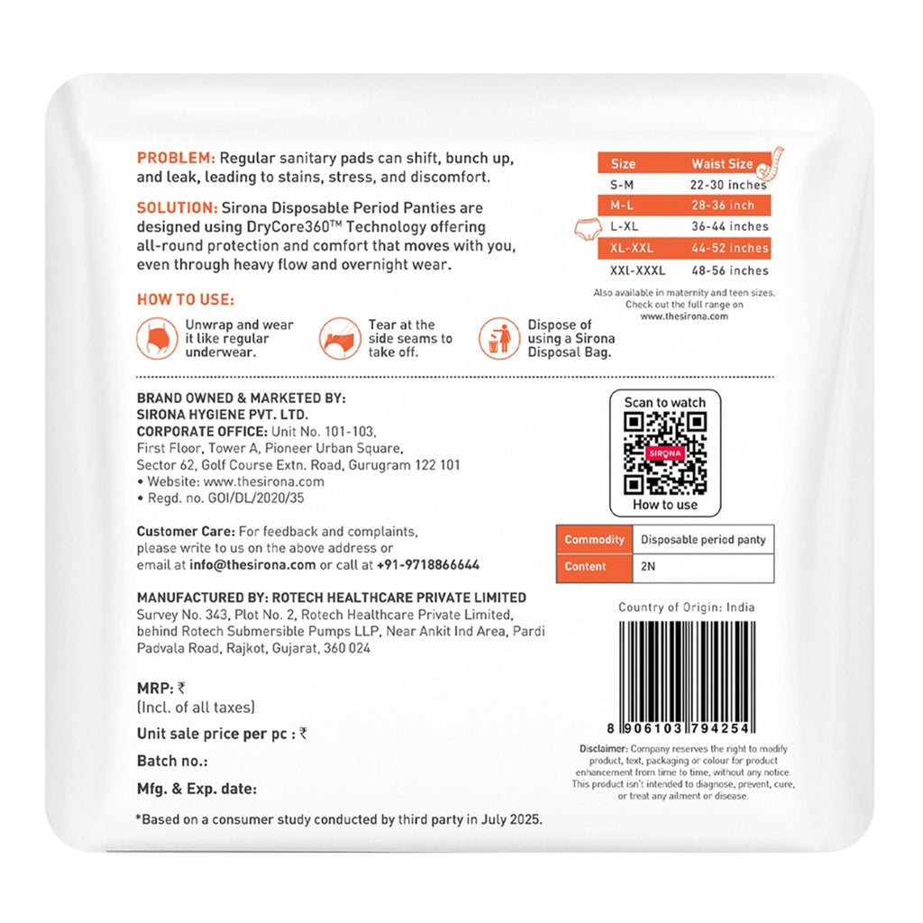 Sirona Disposable Period Panties, L-XL (36-44 in.) 360° Coverage, Leakage Protection for Heavy Flow