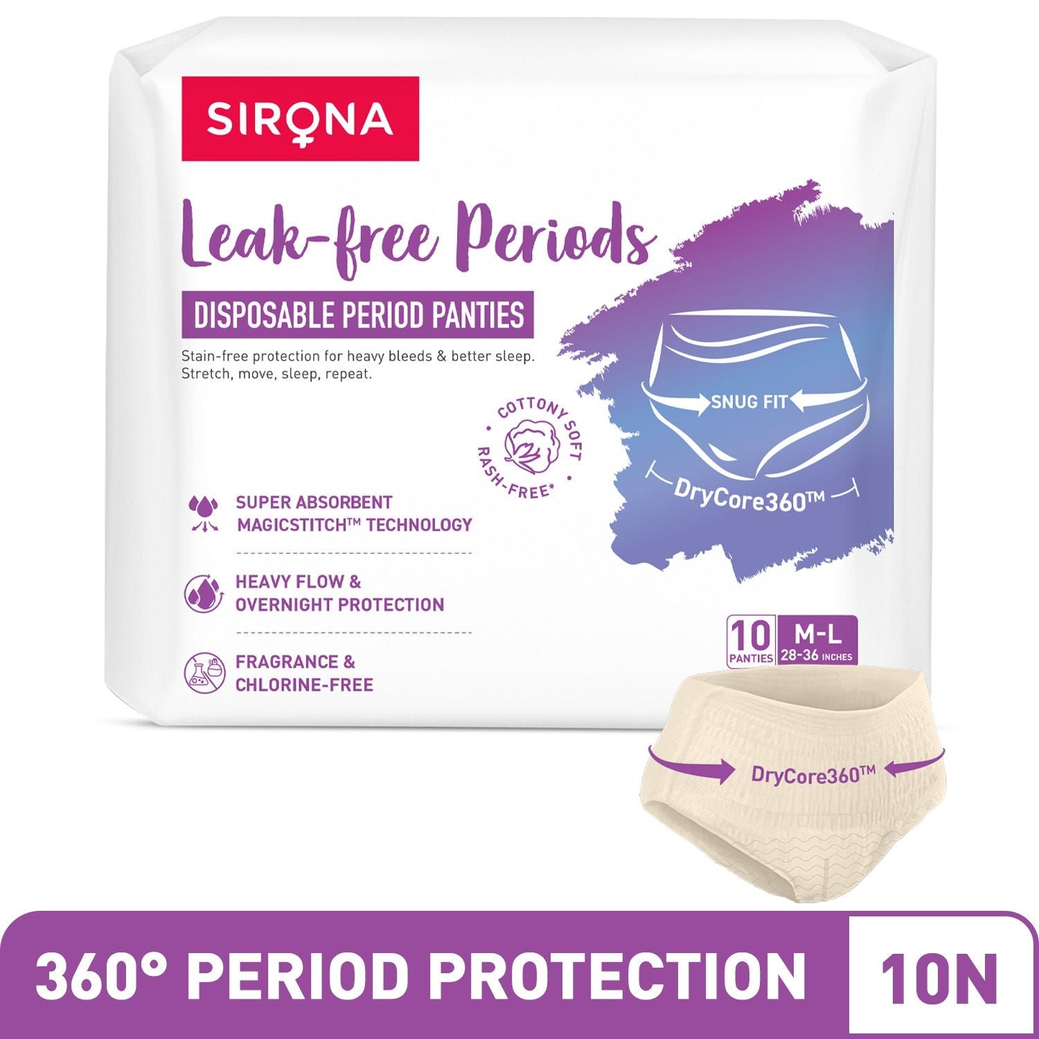 Sirona Disposable Period Panties, M-L (28-36 inch) 360° Coverage, Leakage Protection for Heavy Flow