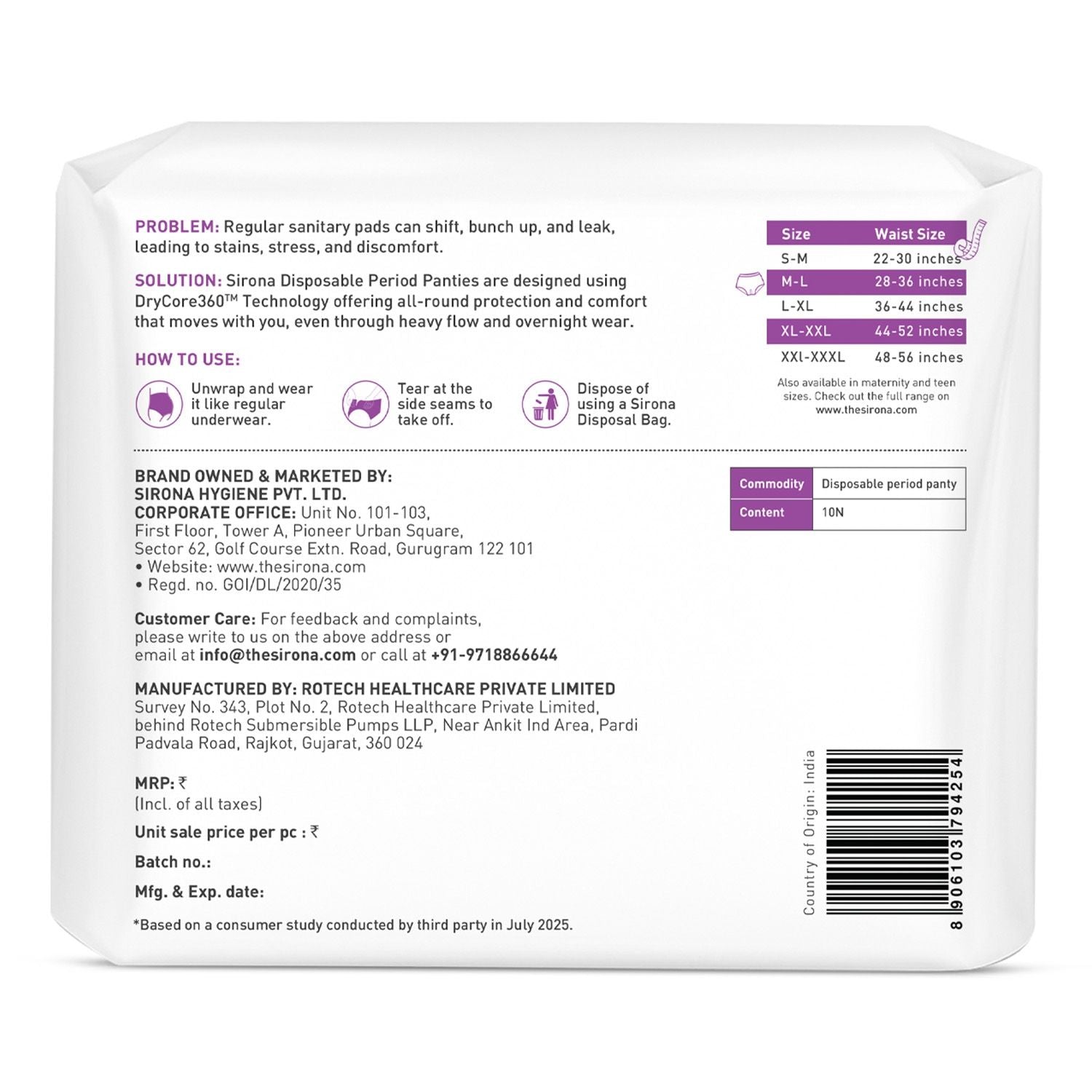 Sirona Disposable Period Panties, M-L (28-36 inch) 360° Coverage, Leakage Protection for Heavy Flow