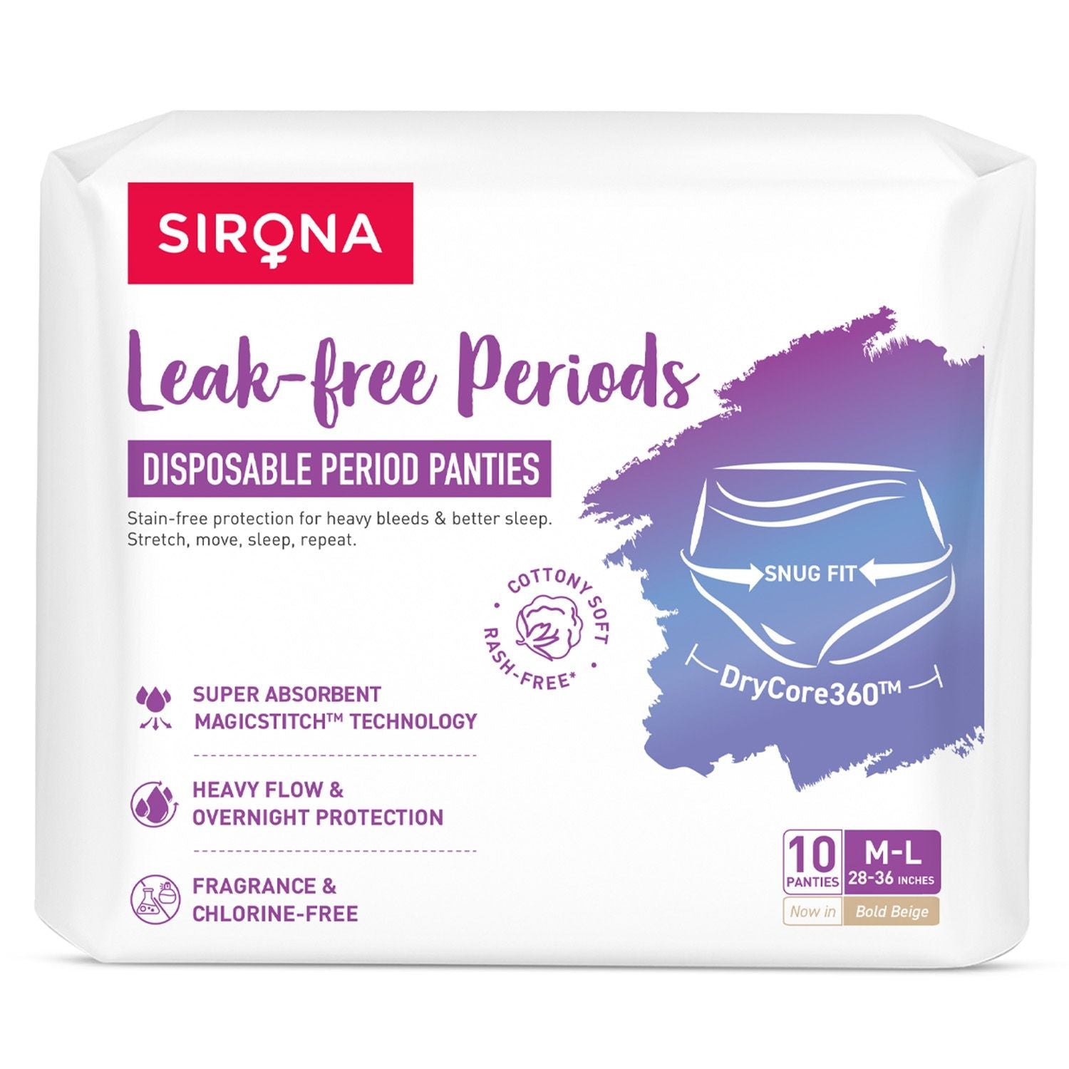 Sirona Disposable Period Panties, M-L (28-36 inch) 360° Coverage, Leakage Protection for Heavy Flow