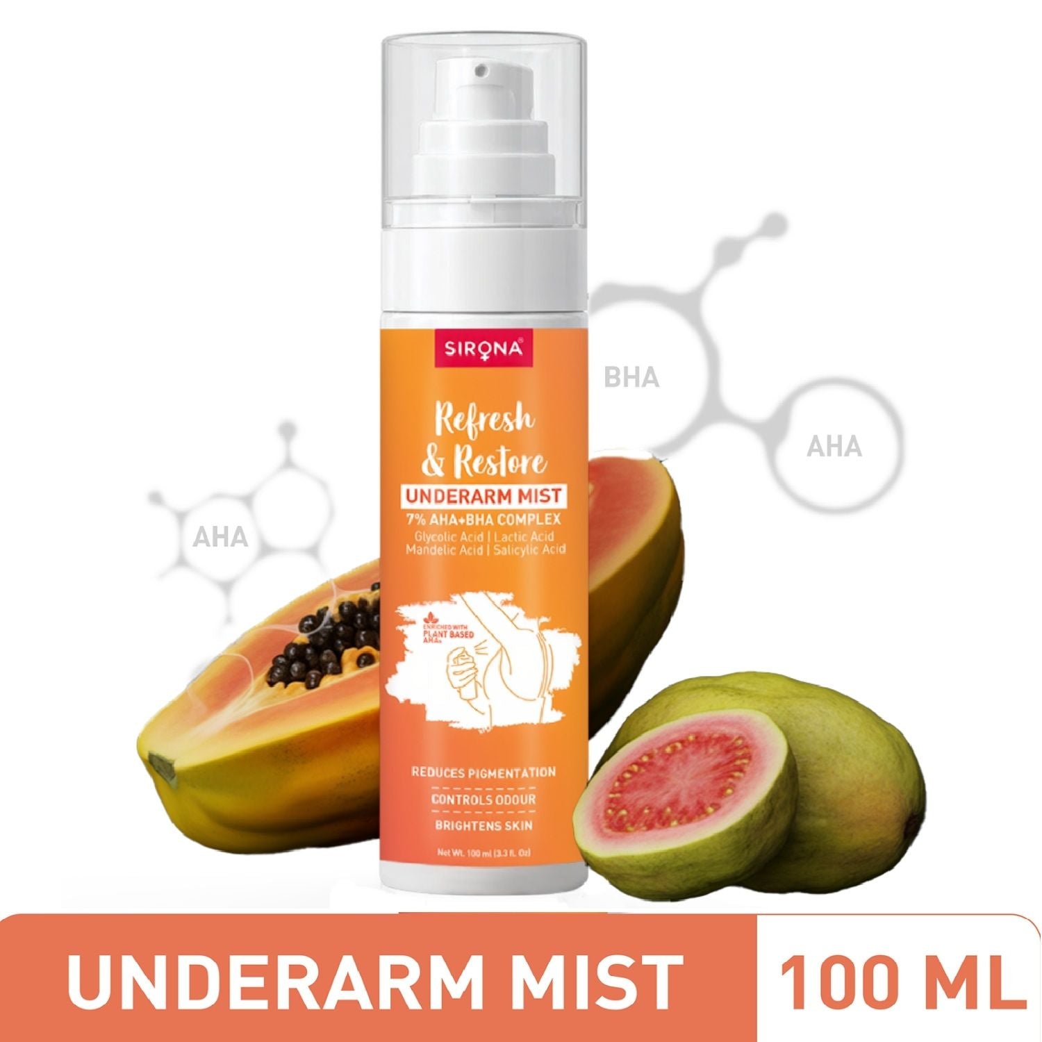 Sirona 7% AHA BHA Underarm Mist, Treats Pigmentation & Odour - Lactic, Mandelic & Salicylic Acid