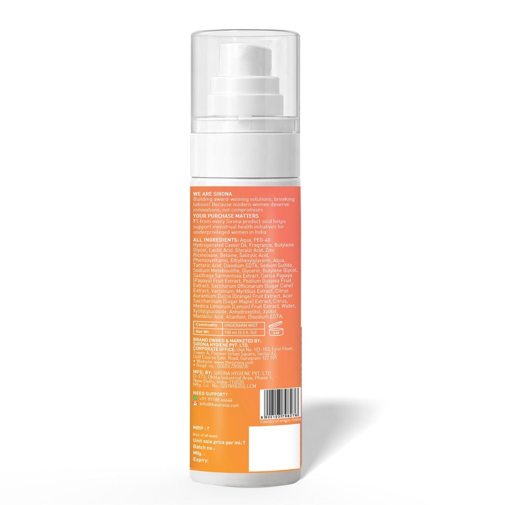 Sirona 7% AHA BHA Underarm Mist, Treats Pigmentation & Odour - Lactic, Mandelic & Salicylic Acid