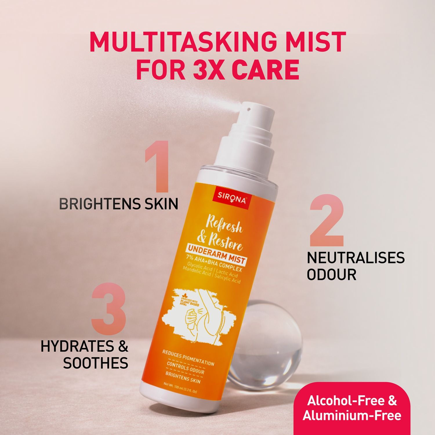 Sirona 7% AHA BHA Underarm Mist, Treats Pigmentation & Odour - Lactic, Mandelic & Salicylic Acid