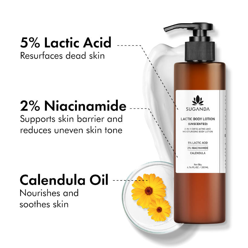 Suganda Lactic Body Lotion with 5% LA,Improves Skin Texture + Reduce Strawberry Legs (Unscented)