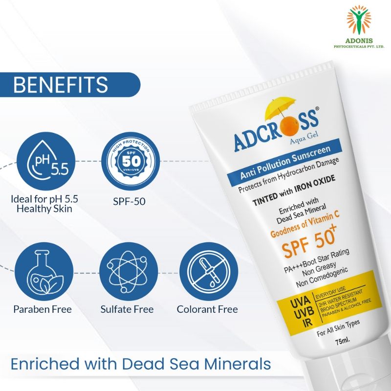 Adonis Unisex Adcross Aqua Gel Sunscreen With SPF 50+ & Iron Oxide For UV Protection, Anti Pollution