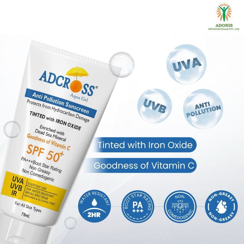 Adonis Unisex Adcross Aqua Gel Sunscreen With SPF 50+ & Iron Oxide For UV Protection, Anti Pollution
