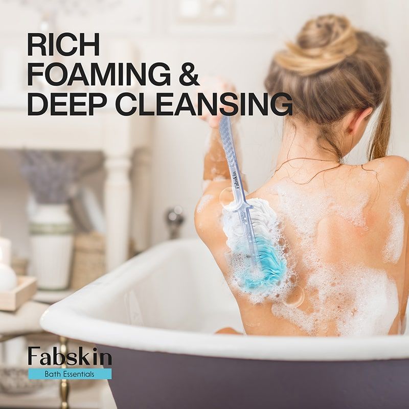 Fabskin Loofah Duo Pack- Bath Brush With Long Handle & Round Loofah- For Men & Women- Blue & White