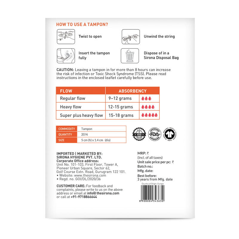 Sirona Fda Approved Non Applicator Tampons For Heavy Flow, Ultra Soft, Safe, & Biodegradable