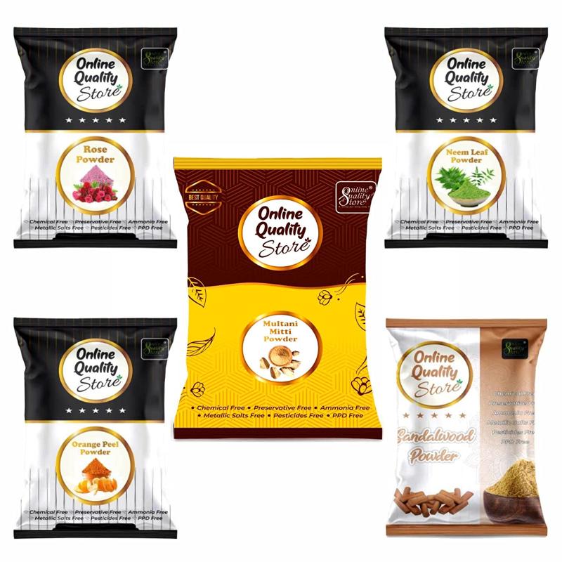 Online Quality Store Multani Mitti, Chandan, Orange Peel, Neem & Rose Powder for Hair & Skin