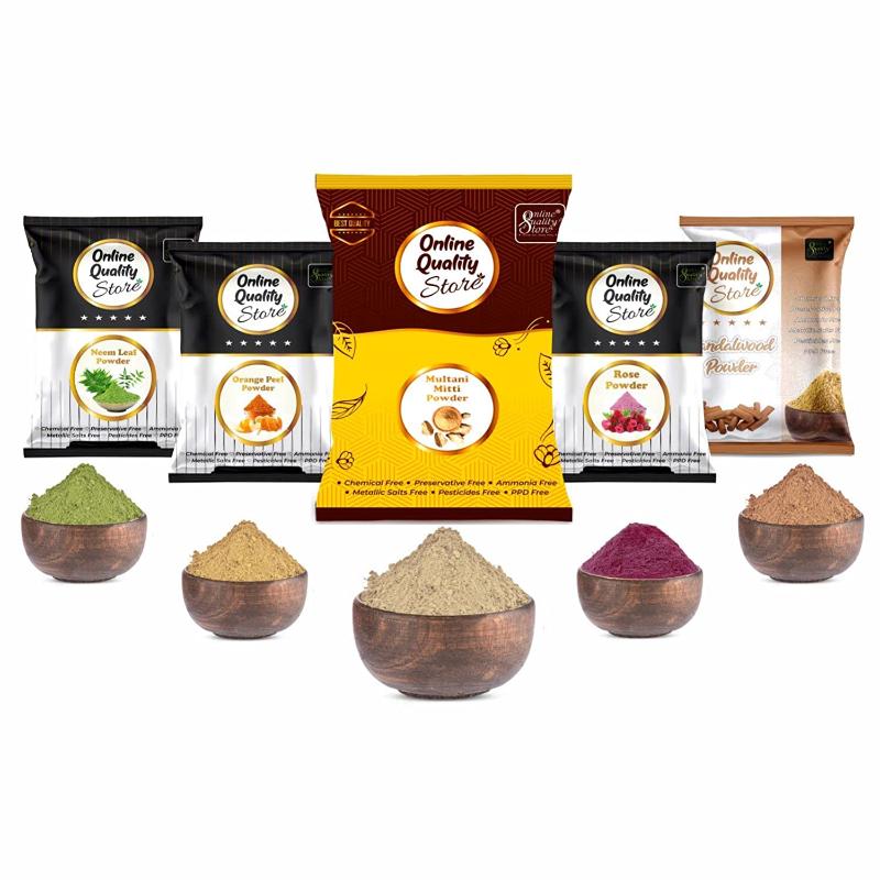 Online Quality Store Multani Mitti, Chandan, Orange Peel, Neem & Rose Powder for Hair & Skin