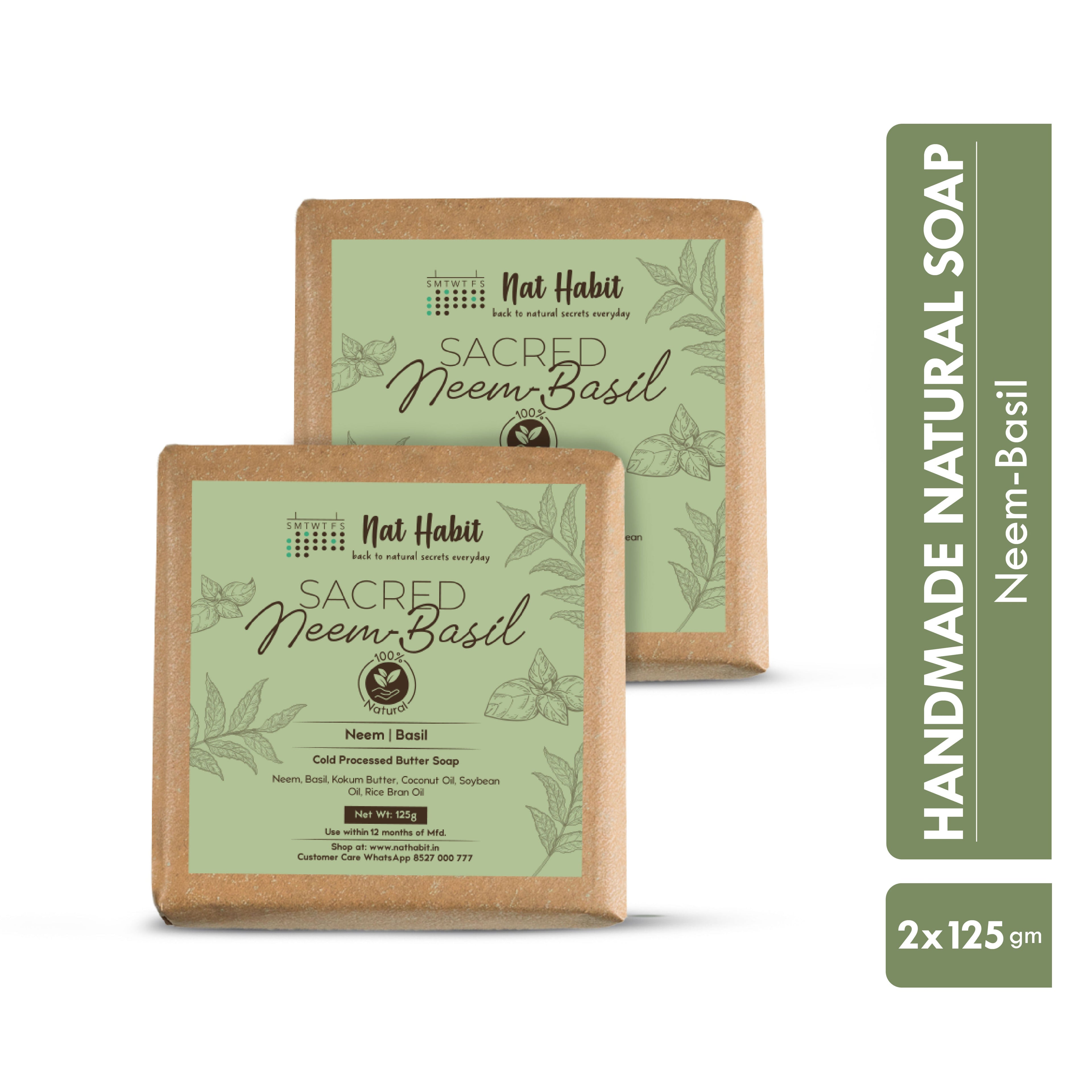 Nat Habit Cold Processed Neem Basil Butter Bath Soap- Antibacterial, Dark Spots, De-Tan & Handmade