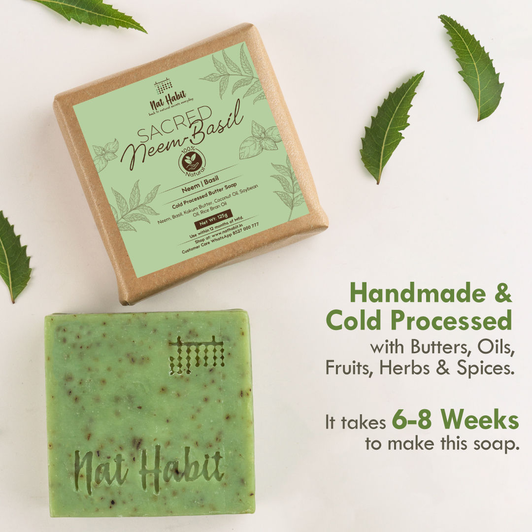Nat Habit Cold Processed Neem Basil Butter Bath Soap- Antibacterial, Dark Spots, De-Tan & Handmade
