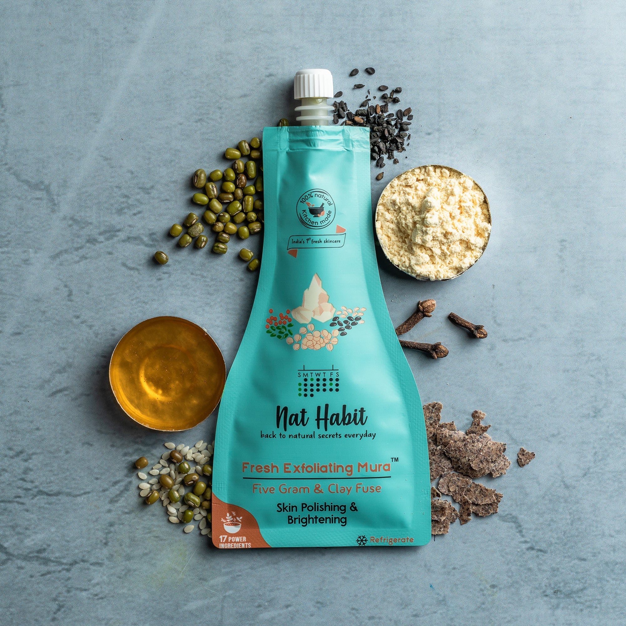 Nat Habit Five Gram & Clay Mura, Face Scrub for Skin Polishing & Brightening with Pulses & Protein