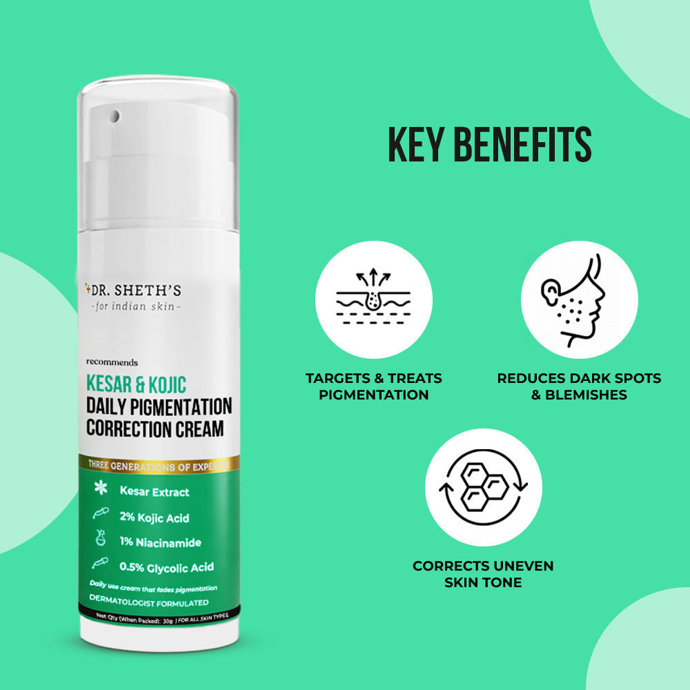 Dr. Sheth's Kesar & 2% Kojic Acid Daily Pigmentation Correction Cream I Provides Even Skin Tone |30G