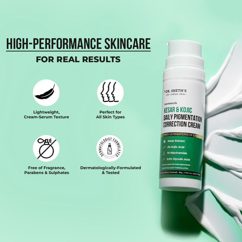 Dr. Sheth's Kesar & 2% Kojic Acid Daily Pigmentation Correction Cream I Provides Even Skin Tone |30G