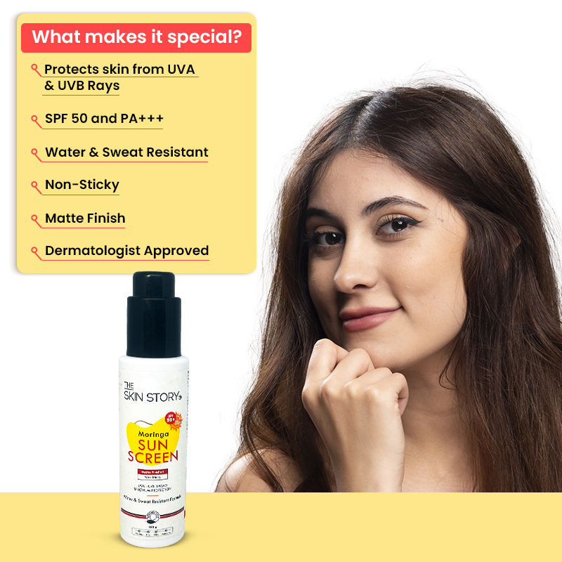 The Skin Story Moringa Face Sunscreen SPF 50+ PA+++ For Detan, Anti-Aging, No White Cast, Non Sticky