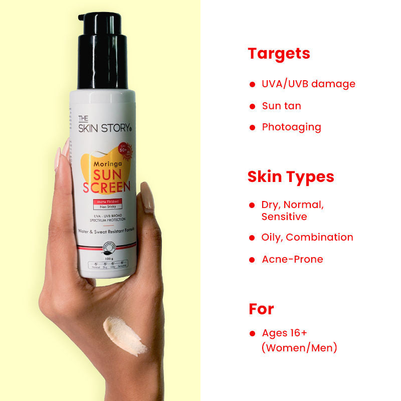 The Skin Story Moringa Face Sunscreen SPF 50+ PA+++ For Detan, Anti-Aging, No White Cast, Non Sticky