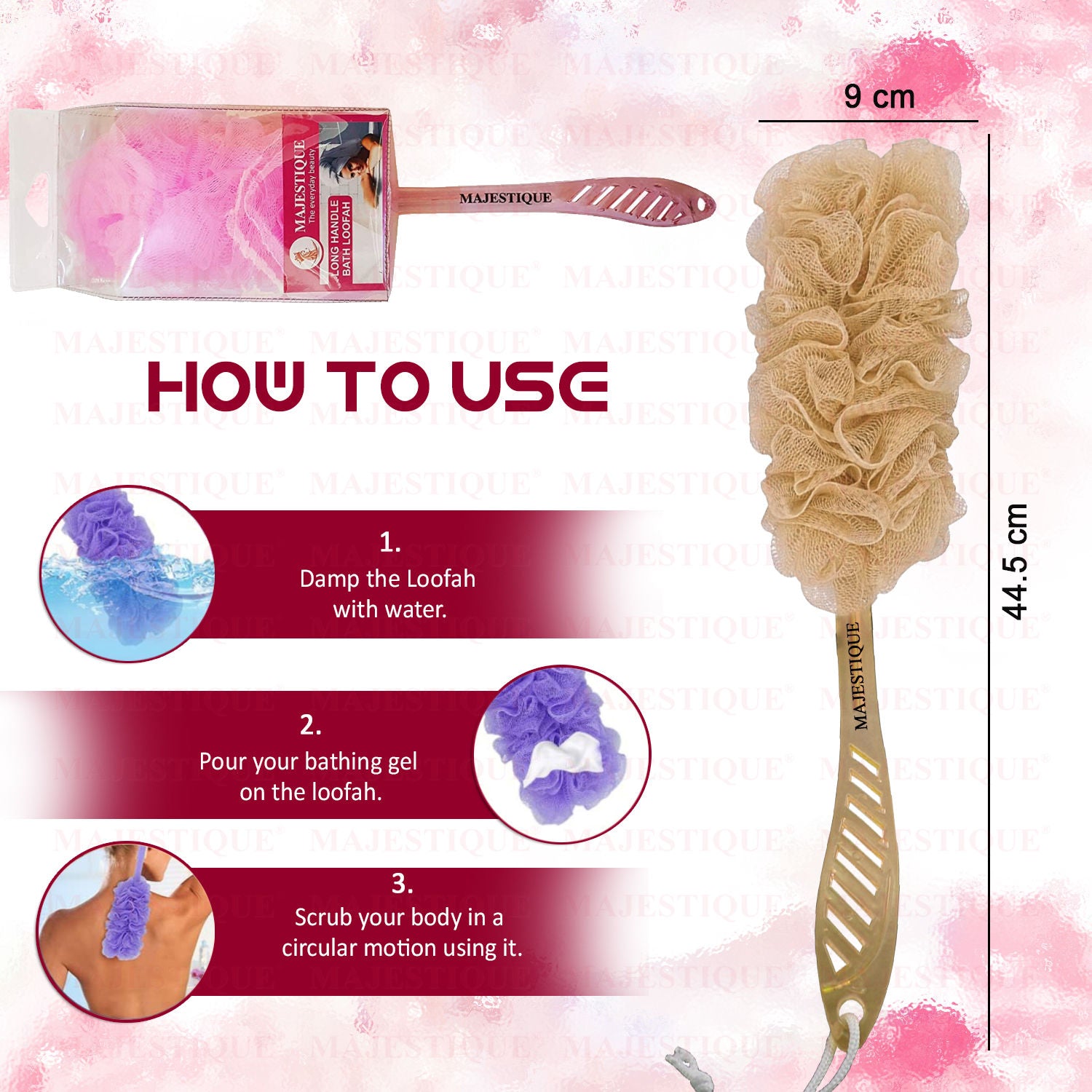 Majestique Long Handle Bath Loofah (Colour May Vary)