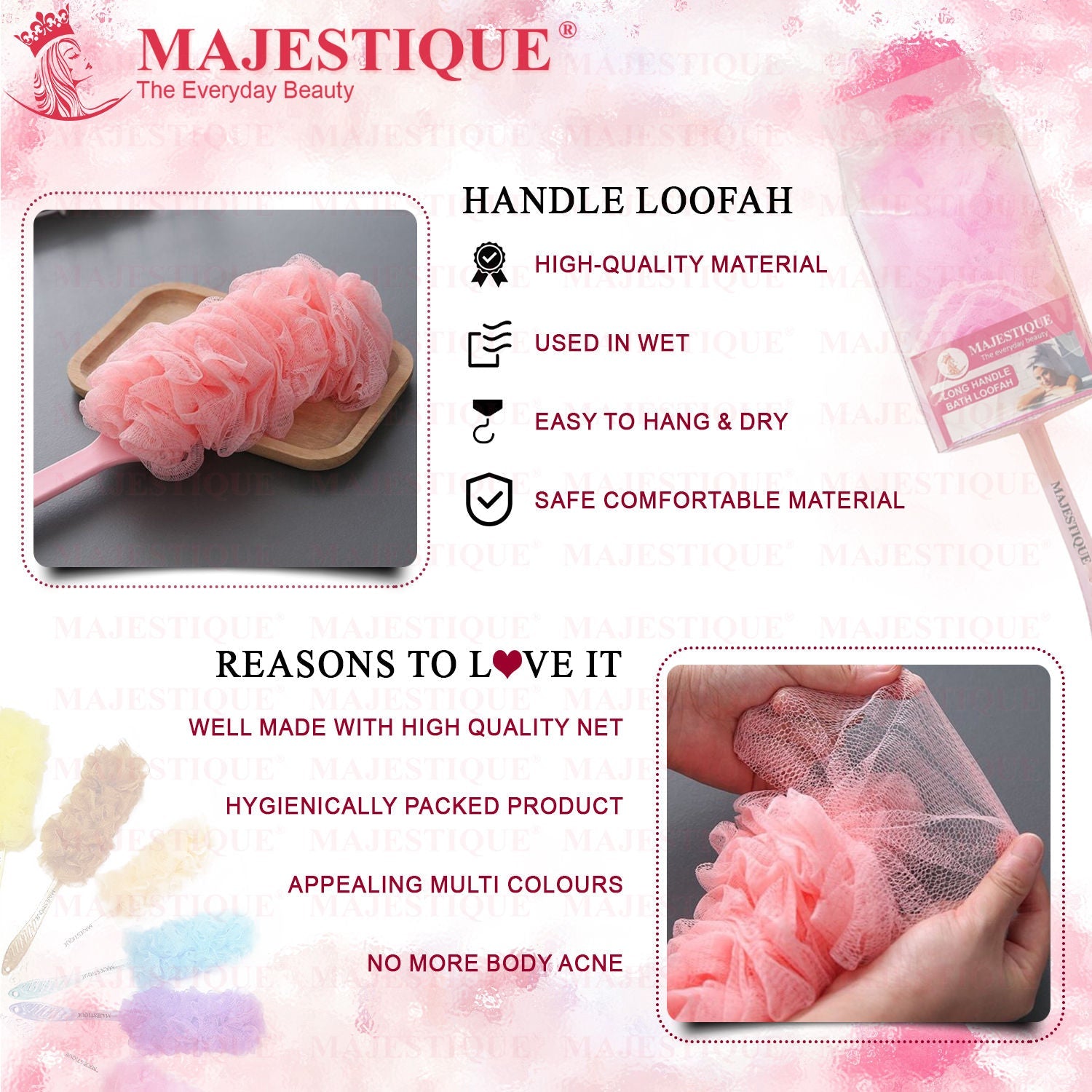 Majestique Long Handle Bath Loofah (Colour May Vary)