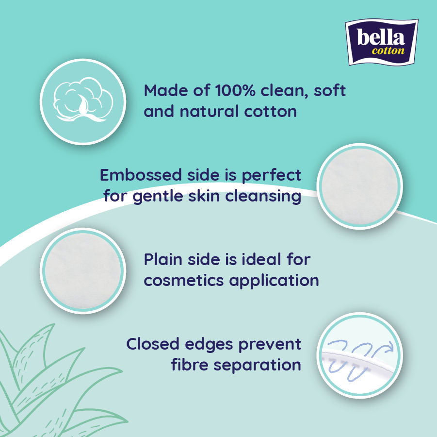 Bella Cotton Pads With Aloe vera Extracts, 100% Cotton, Makeup Removal, Nail Polish Removal