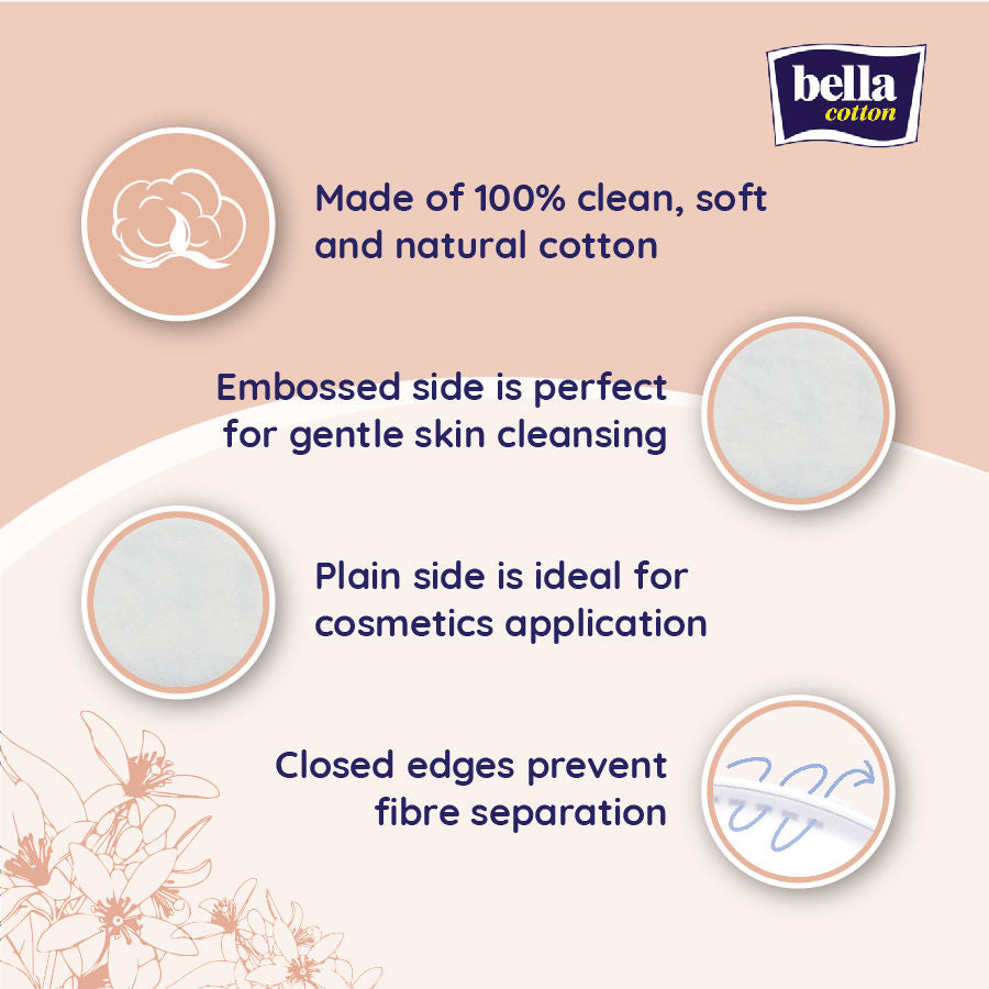Bella Cotton Pads With D Panthenol & Orange Blossom Extracts, 100% Cotton, Double Sided