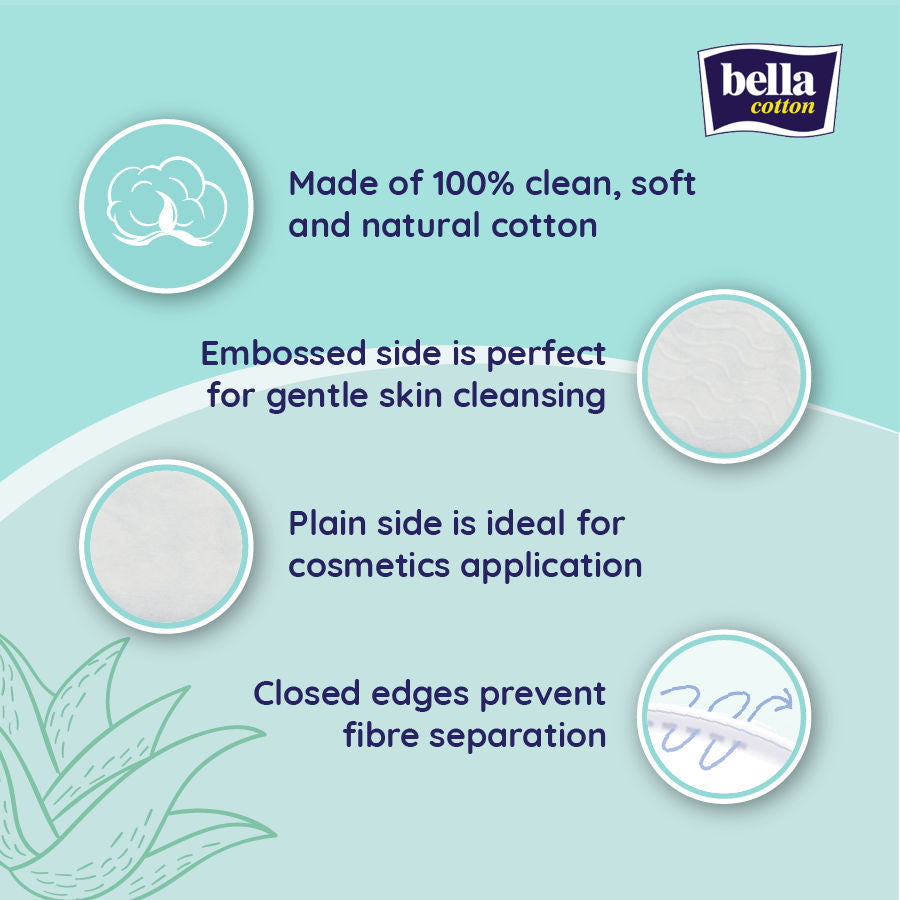 Bella Cotton Pads with Aloe vera Extracts, 100% Cotton, Double Sided, Nail Polish Removal