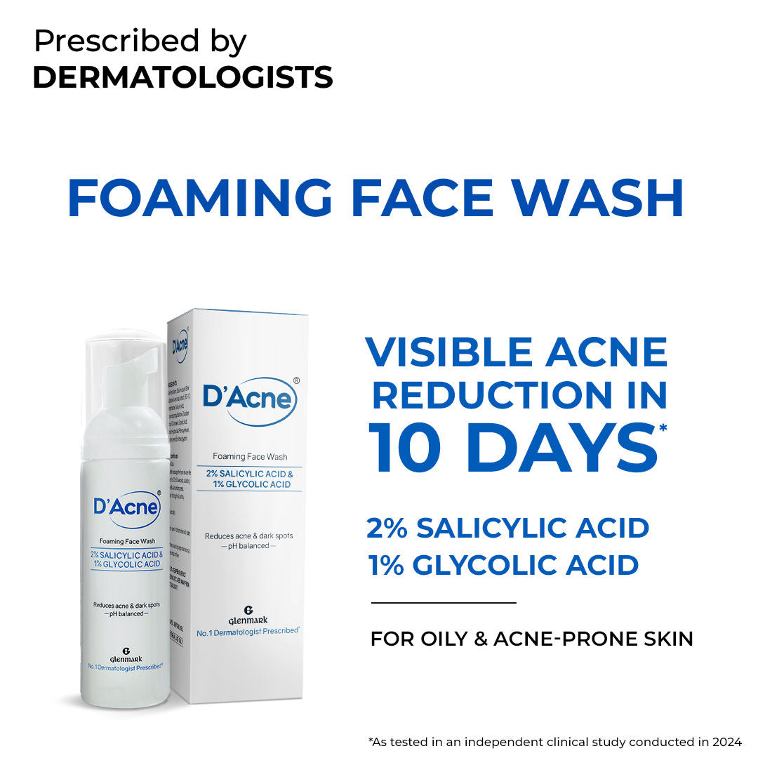 D'Acne Foaming Face Wash, Visible Acne Reduction in 10 Days, 2% Salicylic Acid & 1% Glycolic Acid