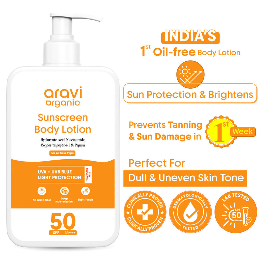 Aravi Organic Oil-Free Sunscreen Body Lotion SPF 50 PA++++, For Oily & Dry Skin, In-Vivo Tested